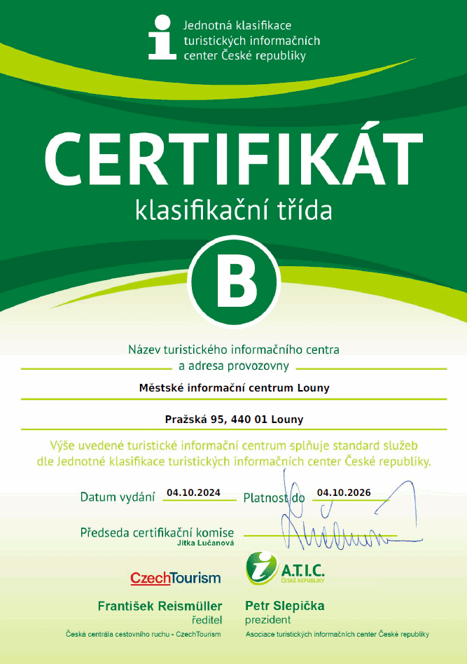 Městské informační centrum Louny, certifikát - kvalifikační třída B